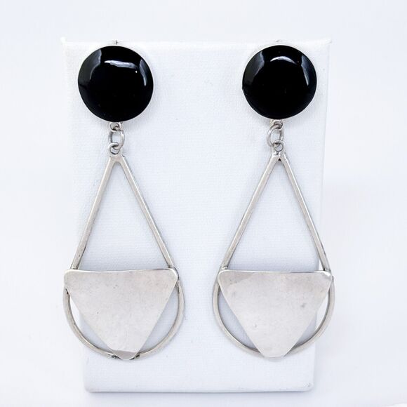 Vintage Mexico Taxco TS-79 Sterling Silver 925 Onyx Geometric Dangle Earrings - Picture 2 of 7